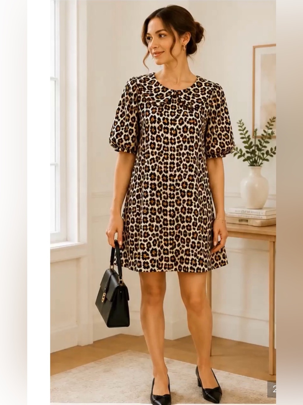 Leopard Print Dress Peter Pan collar lightweight puff sleeves modest trendy sz L
